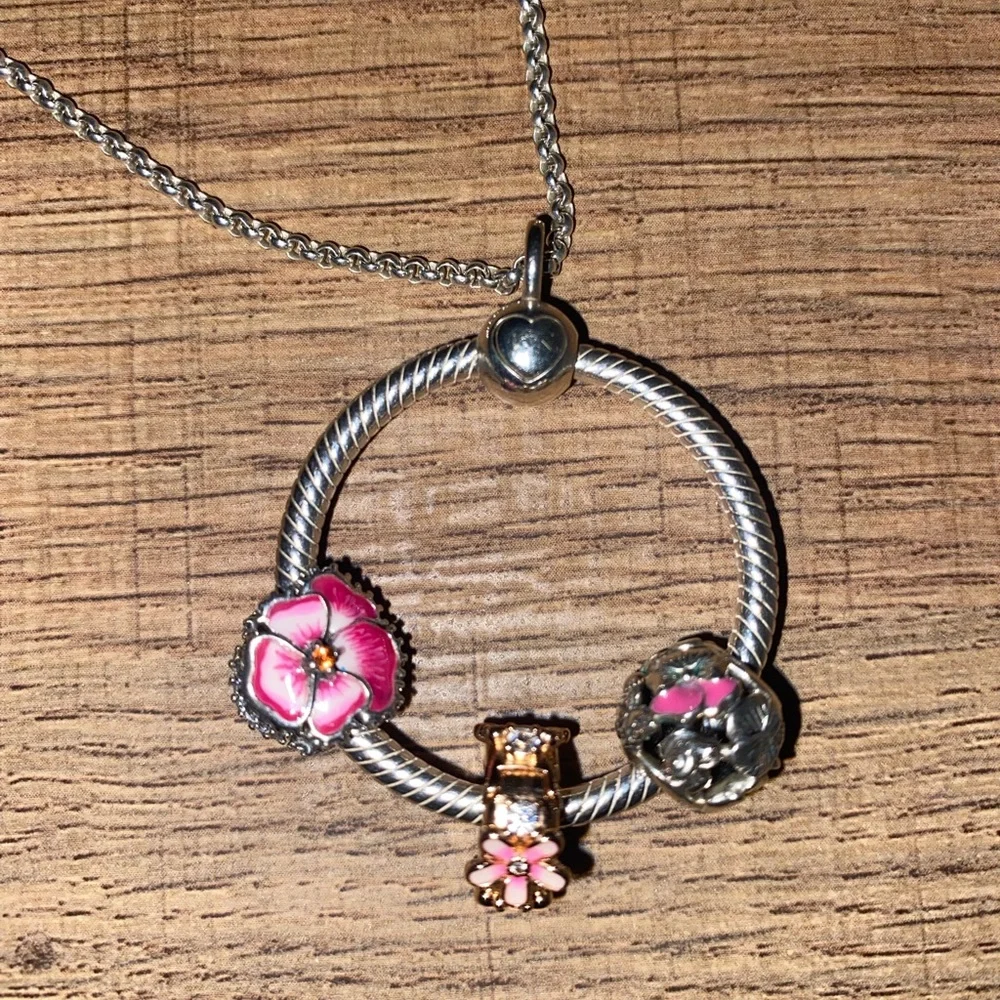 Pandora Necklace with 3 charms. Wore only a few times. Looks brand new. - Picture 1 of 7